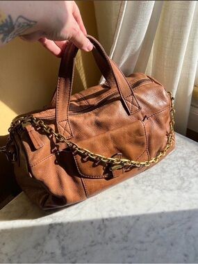 Fossil Camel Long Live Vintage Leather Satchel with Gold Hardware